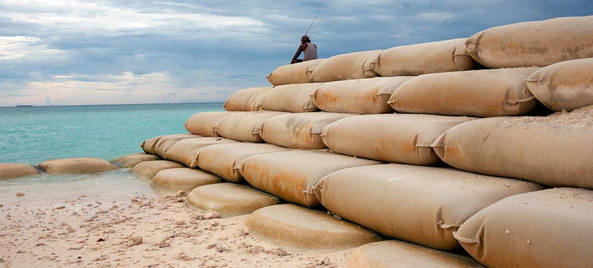 Un homme pêche assis sur des sacs de sable